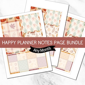 May include: A printable planner notes page bundle featuring autumn-themed patterns with pumpkins, acorns, and leaves in shades of orange, cream, and sage green. The sheets include argyle, plaid, and grid designs with the text HAPPY PLANNER NOTES PAGE BUNDLE Any Month.