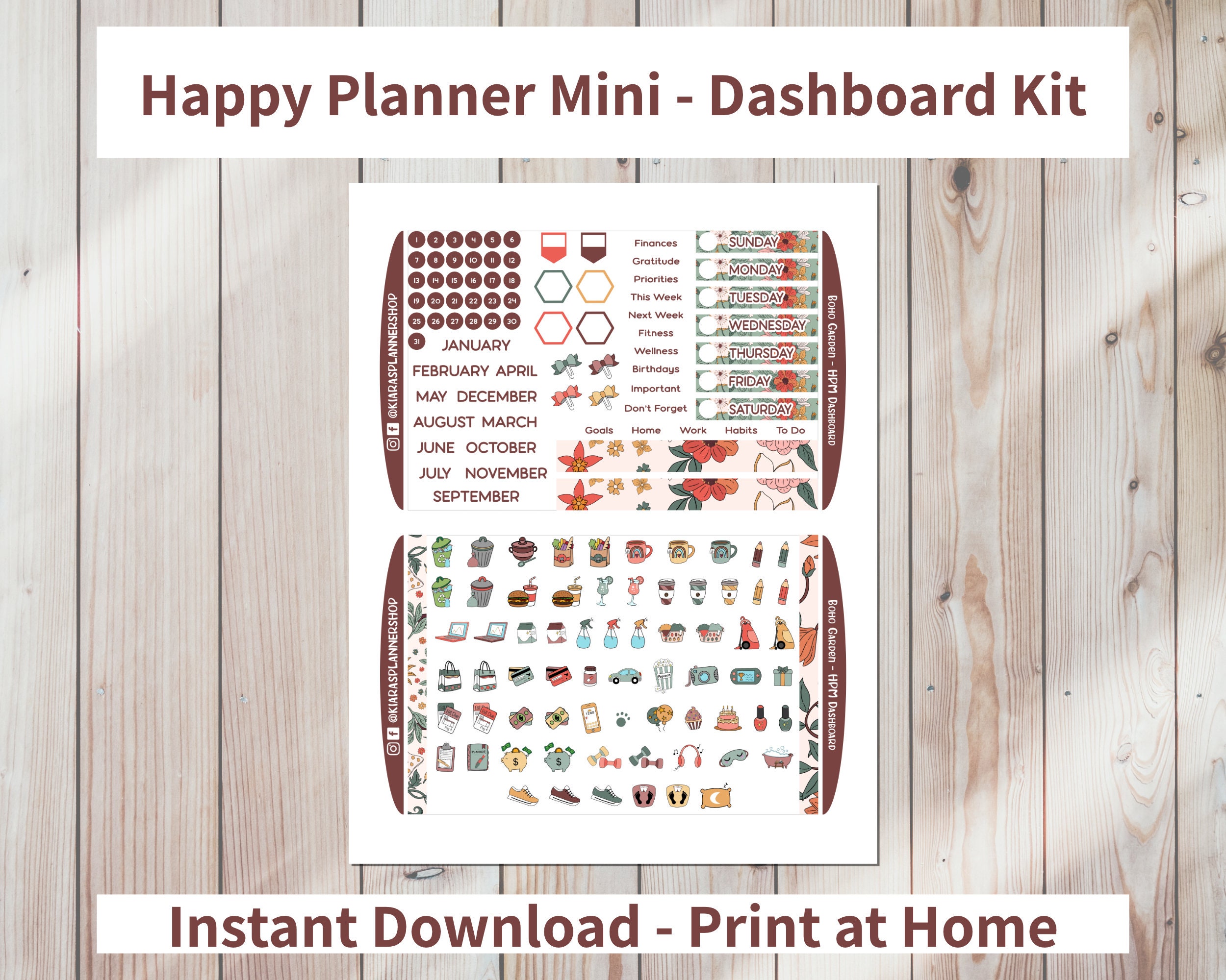 Boho Garden Printable Weekly Dashboard Sticker Kit for Happy Planner ...