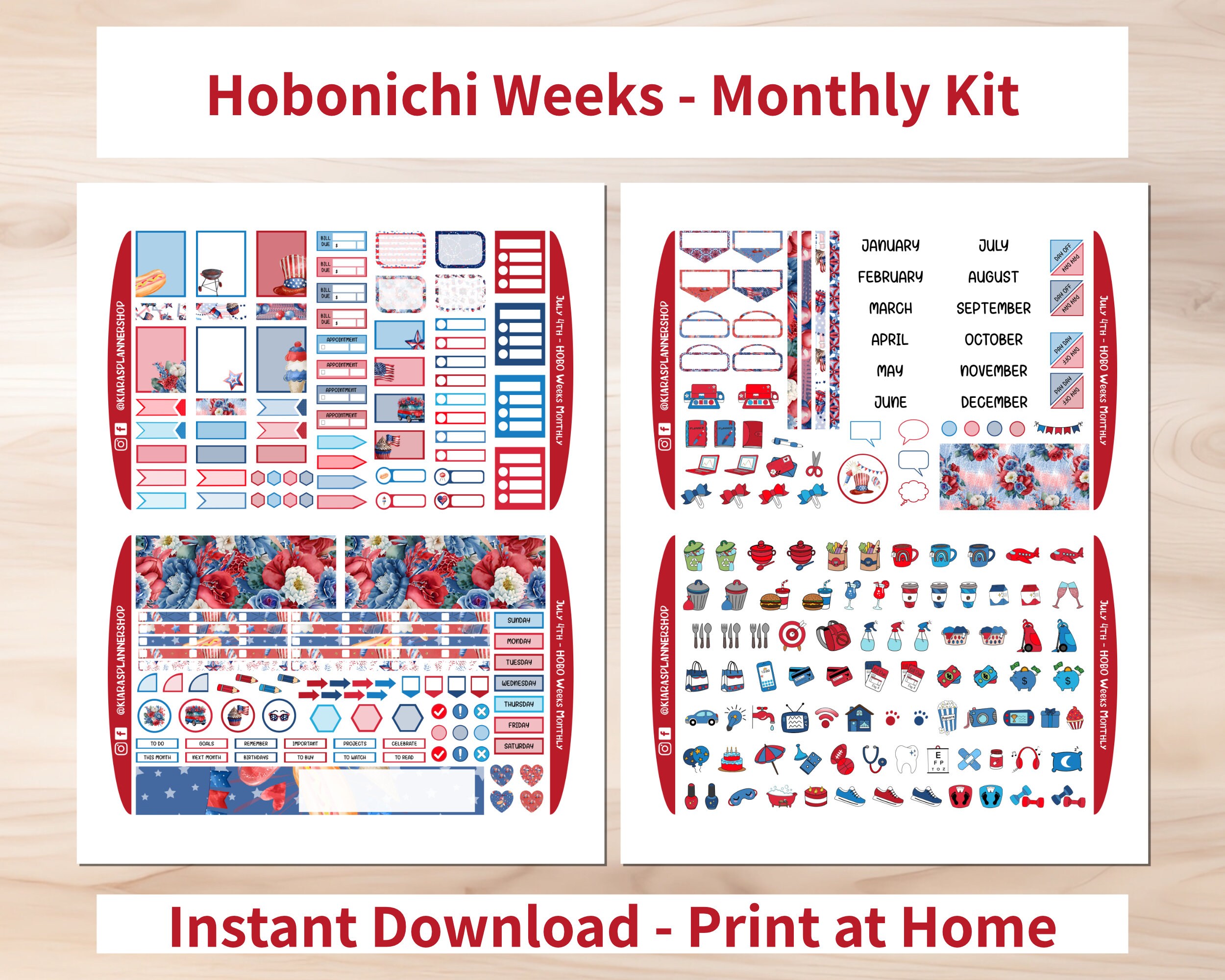 July 4th - Hobonichi Weeks Printable Monthly Sticker Kit (J4WHM) (3 ...