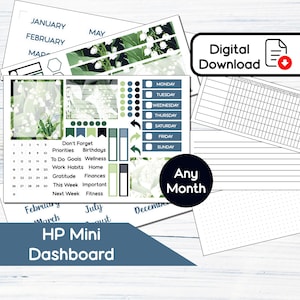 Puede incluir: Un tablero de planificación digital imprimible con un diseño floral con lirios blancos y hojas verdes. El tablero incluye un calendario, una lista de tareas pendientes y una sección para realizar un seguimiento de los objetivos, los hábitos y las finanzas. El texto "HP Mini Dashboard" está en la parte inferior de la imagen.