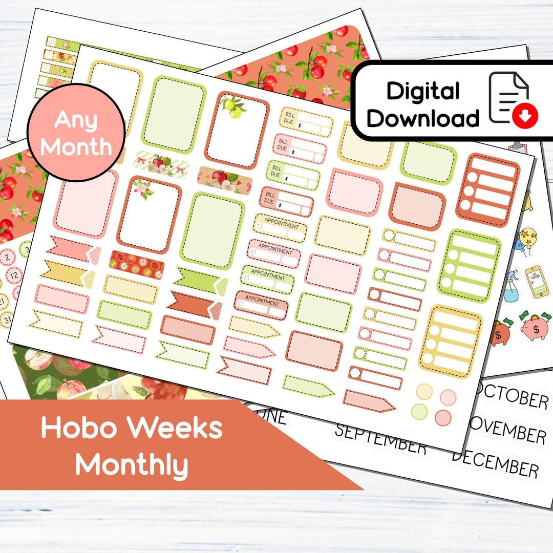 Hobonichi Weeks Monthly - Apples Printable Monthly Sticker Kit (3.35x7 ...