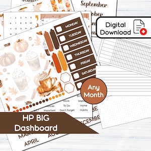 May include: A collection of digital planner stickers and inserts with a fall theme. The stickers feature pumpkins, coffee cups, and leaves in shades of orange, brown, and beige. The inserts include calendars, to-do lists, and habit trackers. The text "HP BIG Dashboard" is visible.