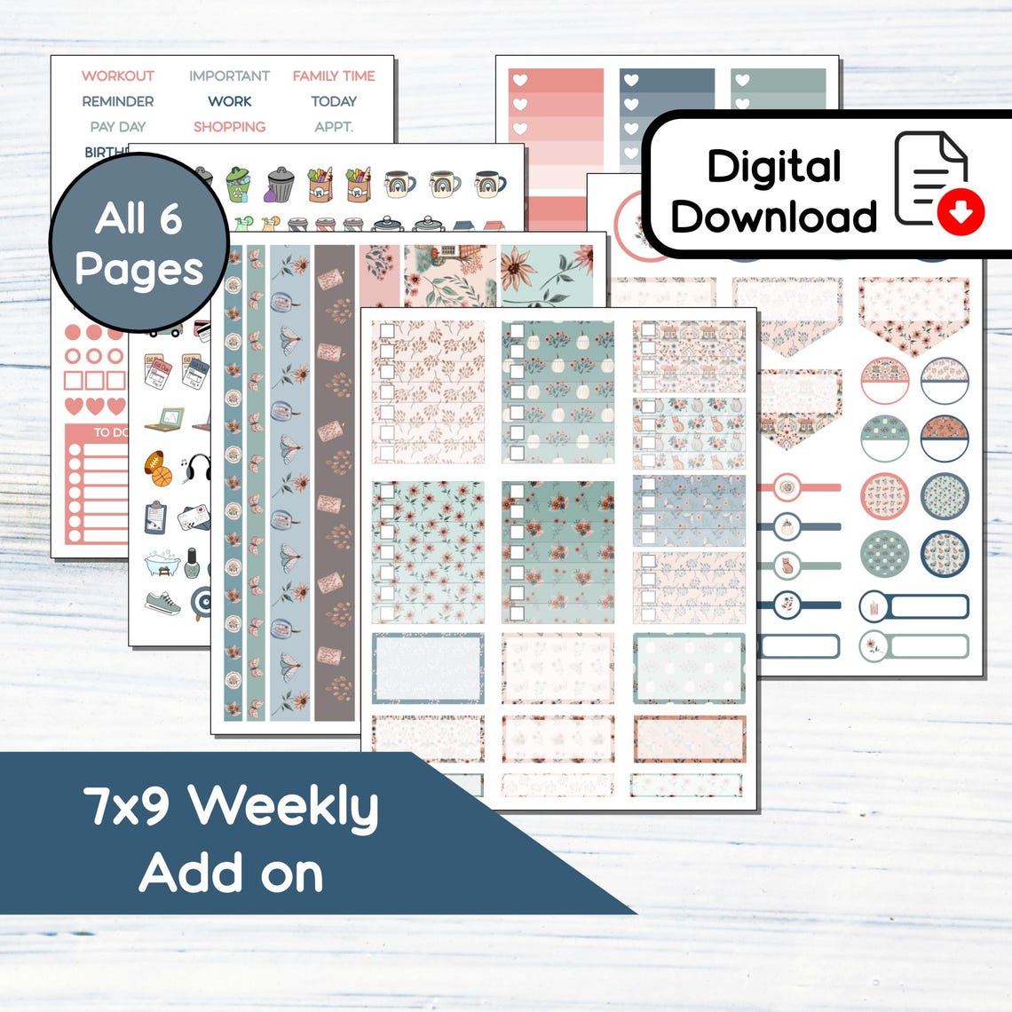 Add On Sticker 7x9 Weekly Add on - Floral Fall Printable Add on Sticker Kit for 7x9 ...
