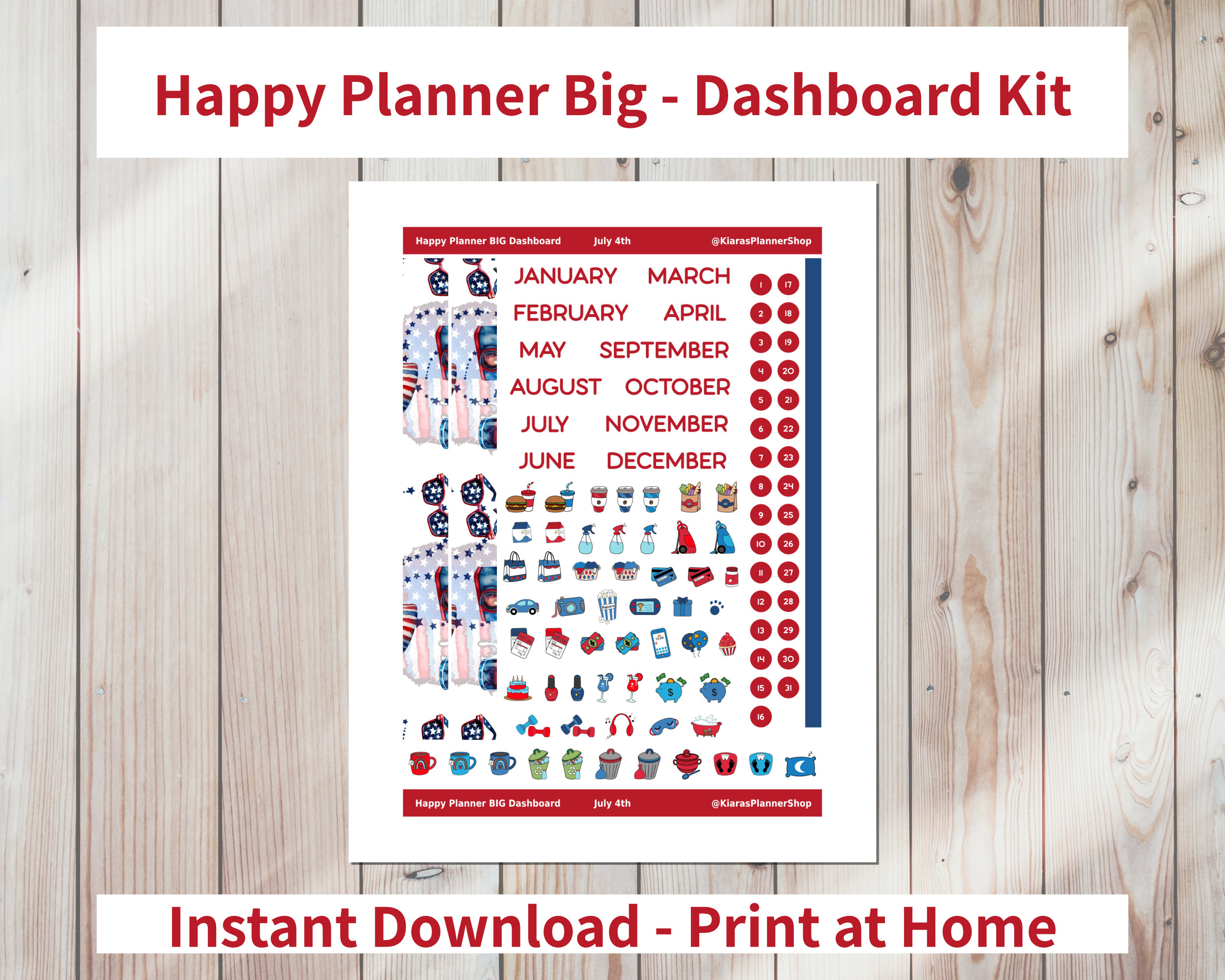July 4th - Printable Weekly Dashboard Sticker Kit for Happy Planner BIG ...