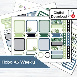 Puede incluir: Un conjunto de pegatinas de planificador imprimibles con un esquema de color verde y azul con un diseño floral. Las pegatinas incluyen varias formas, tamaños y cuadros de texto. El texto "Hobo A5 Weekly" está incluido en la hoja de pegatinas.