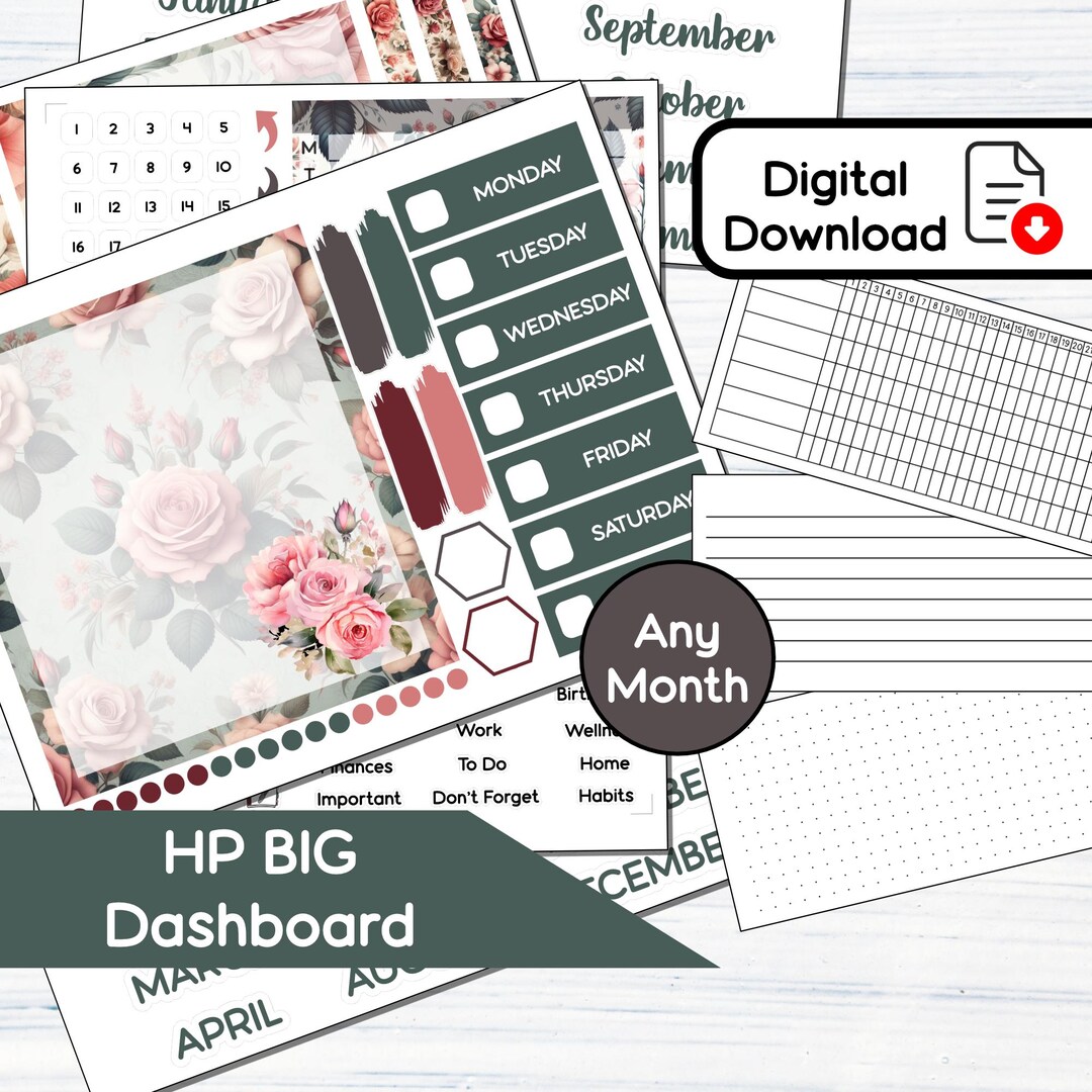 HP BIG Dashboard - June Roses Printable Dashboard Sticker Kit for Happy ...