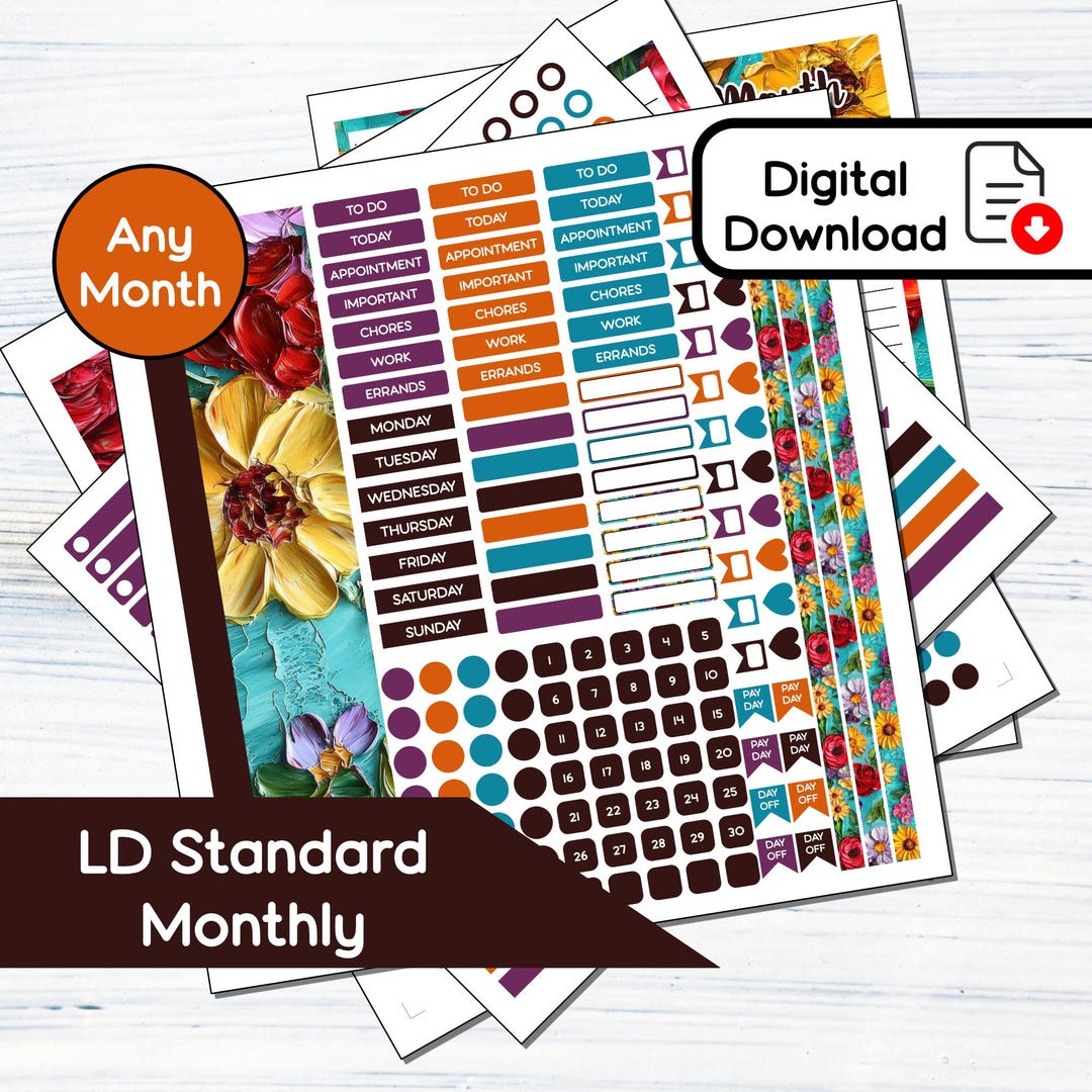 Large Monthly - Painted Floral - Printable Monthly Sticker Kit for ...