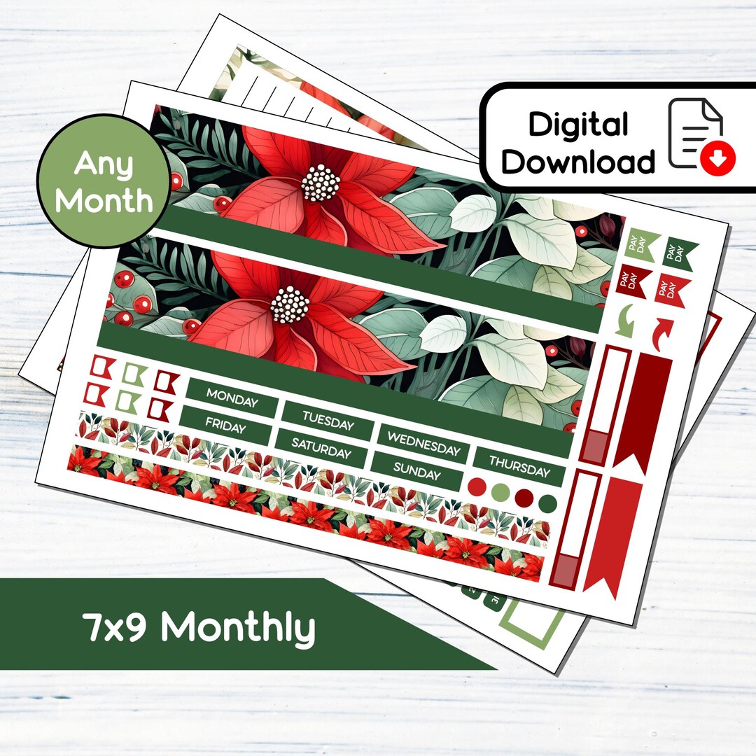 7x9 Monthly - Poinsettias Printable Monthly Sticker Kit for 7x9 ...