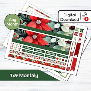 7x9 Mensal - Kit de adesivos mensais para impressão de poinsétias para planejadores 7x9 Erin Condren - Kit de download instantâneo 105