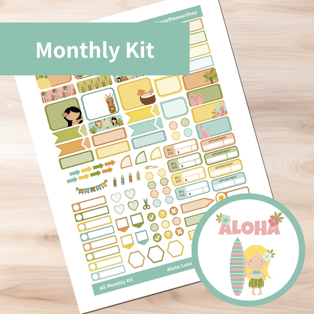 Aloha Luau - Hobonichi Cousin A5 Printable Monthly Sticker Kit (ALA5HM ...