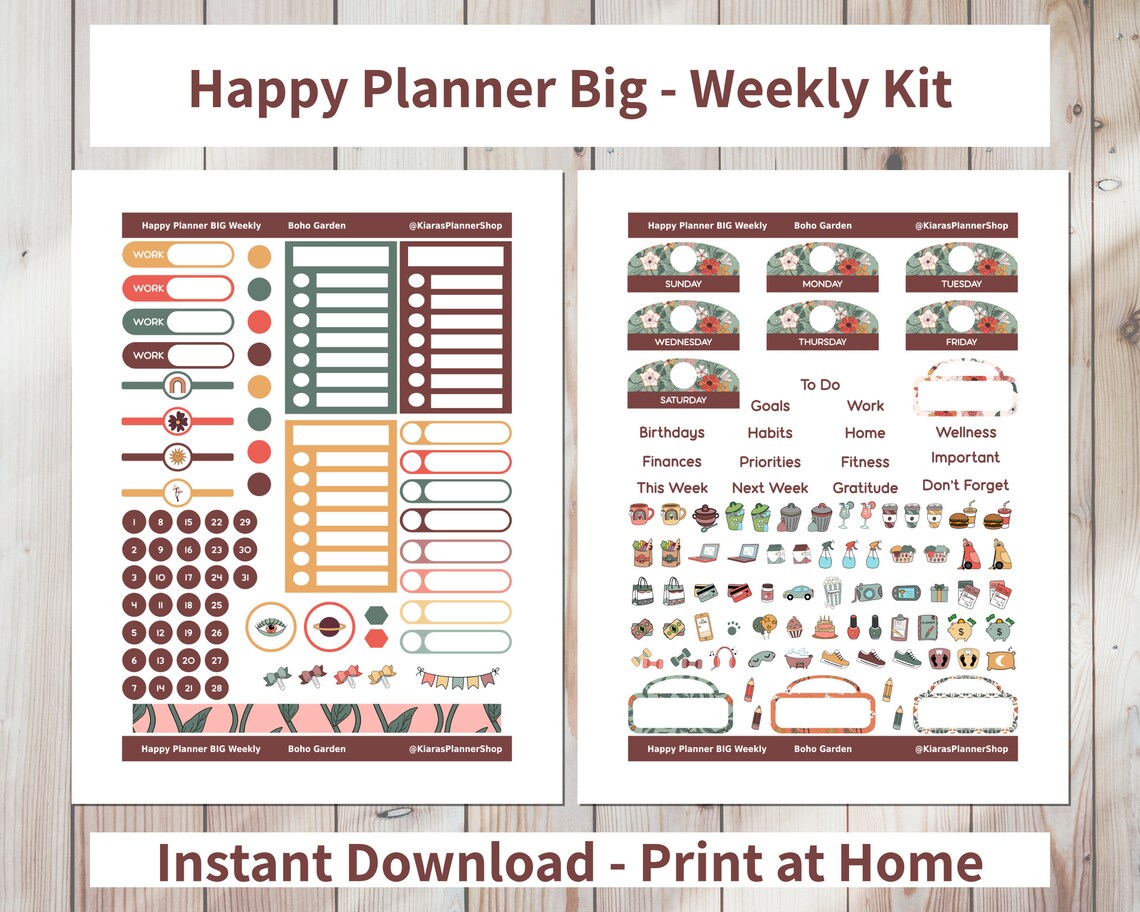 Boho Garden - Printable Weekly Sticker Kit for Happy Planner BIG ...