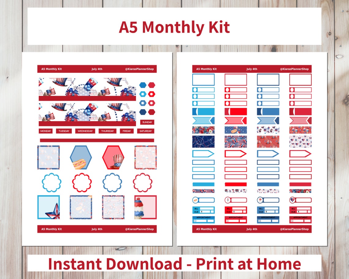 July 4th - Printable Monthly Sticker Kit for A5 Planners (J4A5M) (5.8 X ...