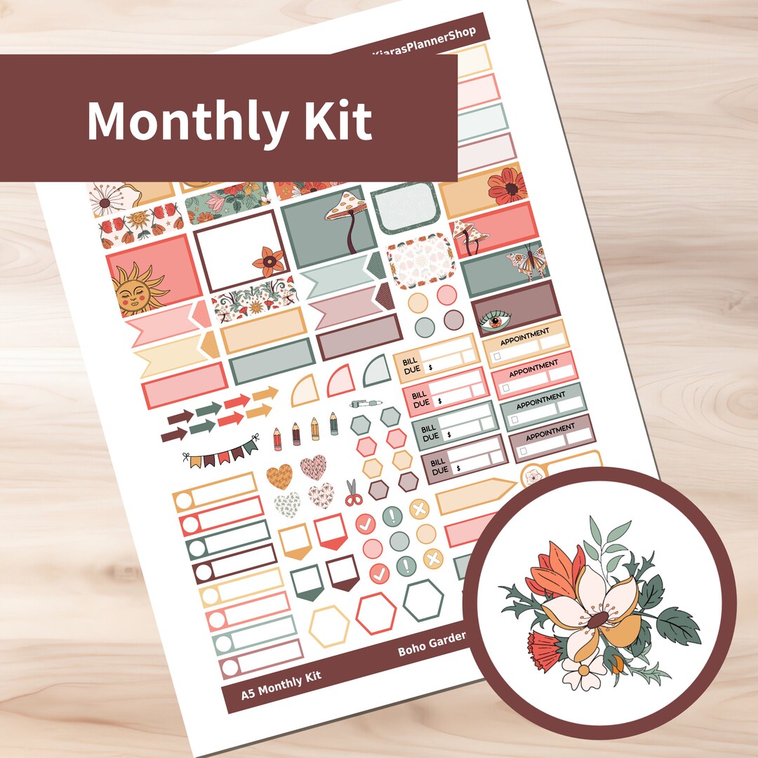 Boho Garden - Hobonichi Cousin A5 Printable Monthly Sticker Kit (BGA5HM ...