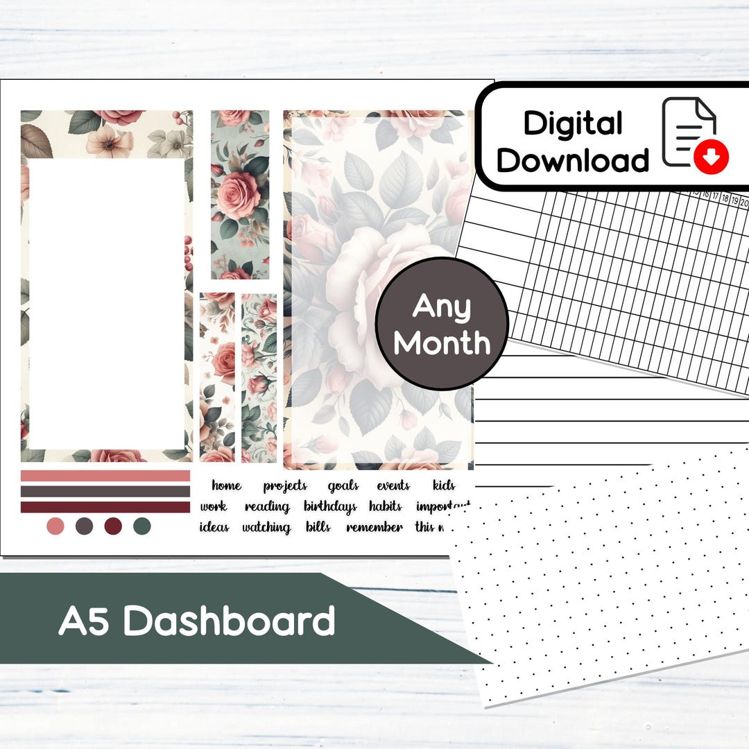 A5 Dashboard - June Roses Printable Dashboard Sticker Kit for A5 ...