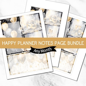May include: A bundle of Happy Planner notes pages with a festive theme. The pages feature gold and white balloons, stars, and masquerade masks. The text "Happy Planner Notes Page Bundle" and "Any Month" are displayed.
