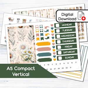 A5 Compact Vertical - Kit de adesivos verticais compactos para impressão April Daisy para planejadores A5 Erin Condren - Kit de download instantâneo BF4