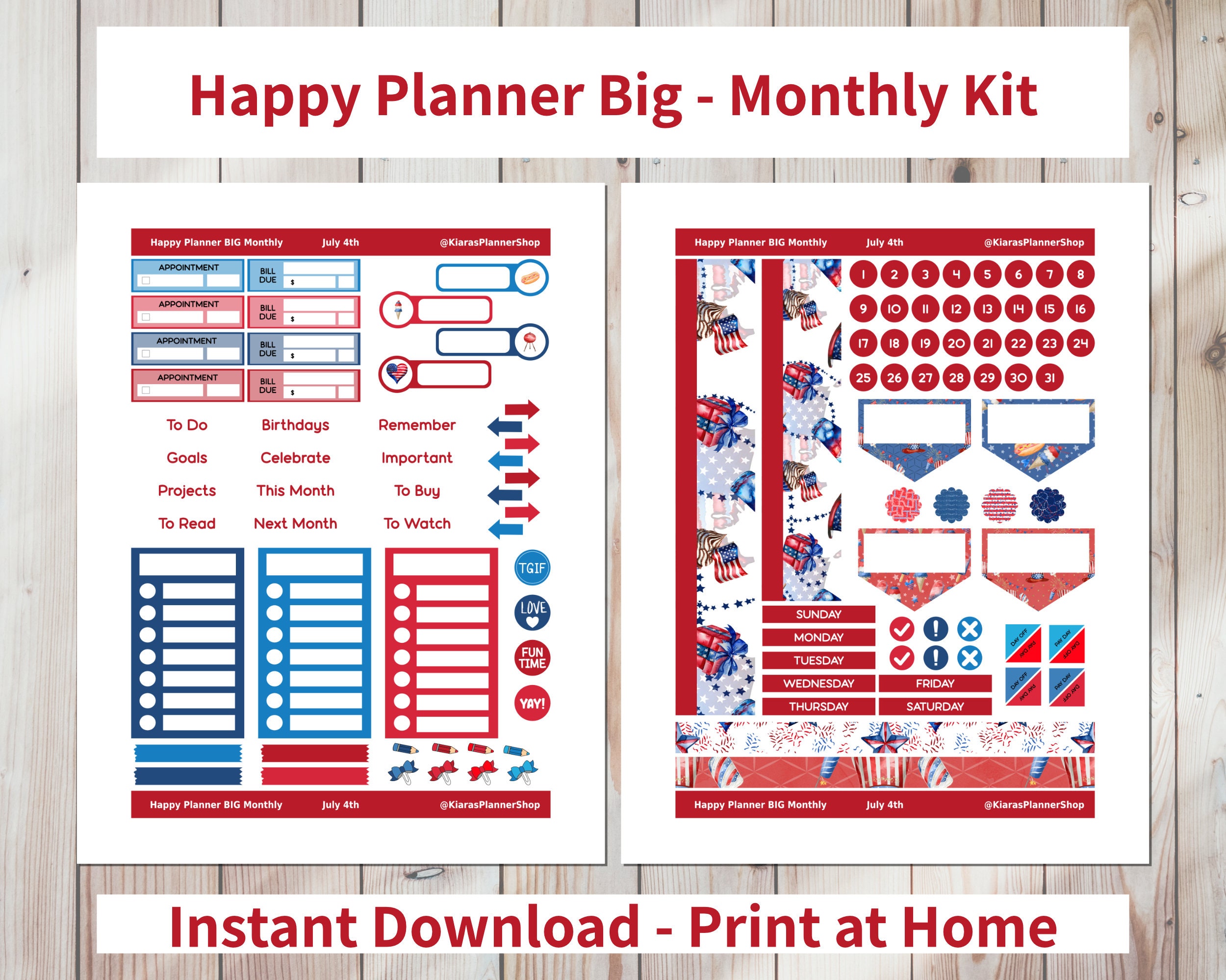 July 4th - Printable Monthly Sticker Kit for Happy Planner BIG (J4HPBM ...