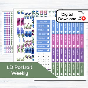 May include: Digital download of planner stickers and inserts. The stickers feature floral designs in shades of purple and blue. The inserts include weekly layouts with space for daily planning and a calendar. The text "LD Portrait Weekly" is visible.
