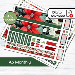 A5 Monthly - Kit de adesivos mensais para impressão de poinsétias para A5Planners Erin Condren - Kit de download instantâneo 105