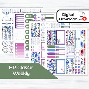 May include: Digital download of planner stickers with floral designs in blue, purple, and green. The stickers include weekly layouts, decorative elements, and the text "HP Classic Weekly". The image also includes the text "Digital Download".