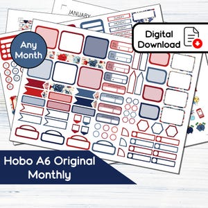 Kit de adesivos mensais originais Hobonichi A6 - Patriotic Shabby Chic para impressão (5,9x4,1) - Kit para download instantâneo SP8