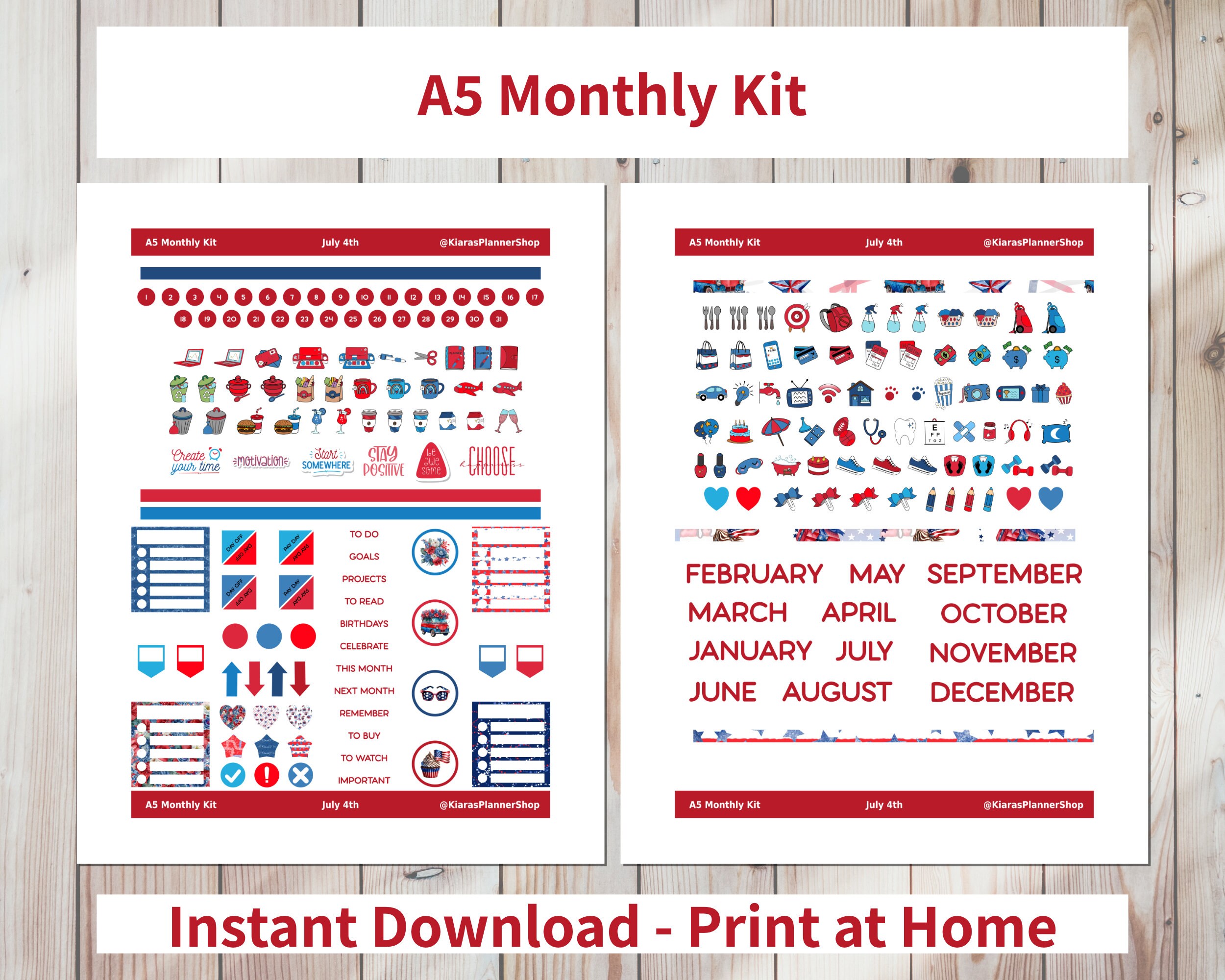 July 4th - Printable Monthly Sticker Kit for A5 Planners (J4A5M) (5.8 X ...