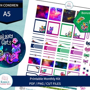 Galaxy Cats - Kit de adesivos mensais imprimíveis para planejadores A5 (GCA5M) (5,8x8,3) Erin Condren ECLP
