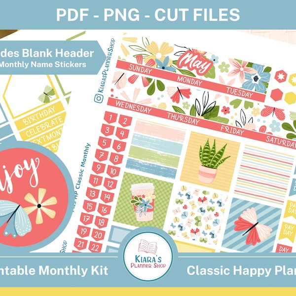 Fleurs de printemps (mai) - Kit d'autocollants mensuels imprimables pour Happy Planner Classic (FSHPCM) (7x9.25)