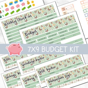 May include: A 7x9 budget kit with various financial planning sheets. The sheets include sections for weekly check-ins, budgets, bills, savings, spending, debt tracking, and transaction logs. The designs feature a light green background with butterfly and floral patterns, and a pink piggy bank graphic.