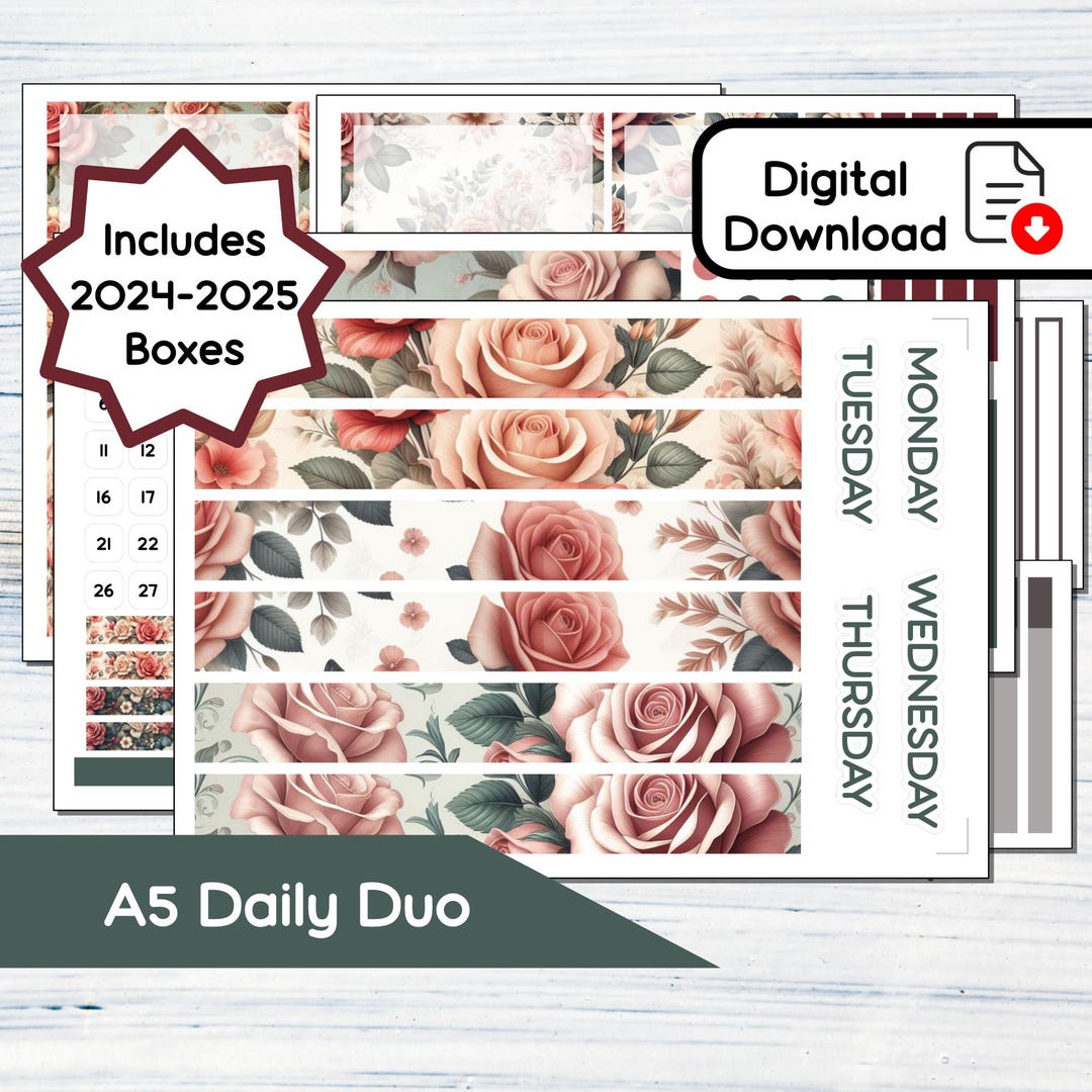A5 Daily Duo - June Roses Printable Daily Duo Sticker Kit for A5 ...