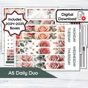 Puede incluir: Un conjunto de planificador de descarga digital con diseños florales de rosas en tonos rosa y crema. El conjunto incluye cajas para 2024-2025, tiras diarias y el texto "A5 Daily Duo" y "Descarga digital".