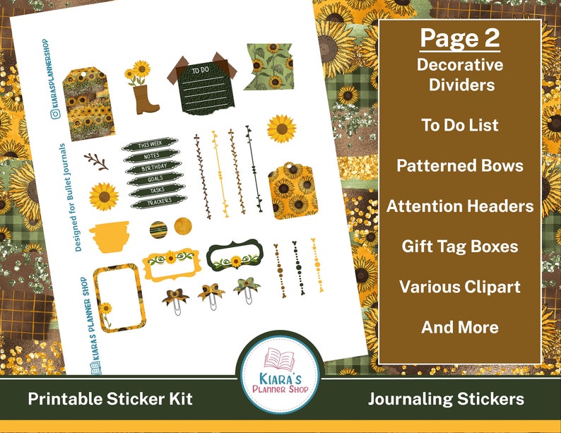 Sunflowers Printable Journaling Sticker Kit for Bullet - Etsy