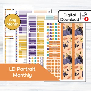 May include: Printable digital download of a Halloween themed planner kit with a purple, orange, and teal color scheme. The kit includes a monthly calendar, to-do lists, habit trackers, and a page of stickers featuring cute black cats wearing witch hats.