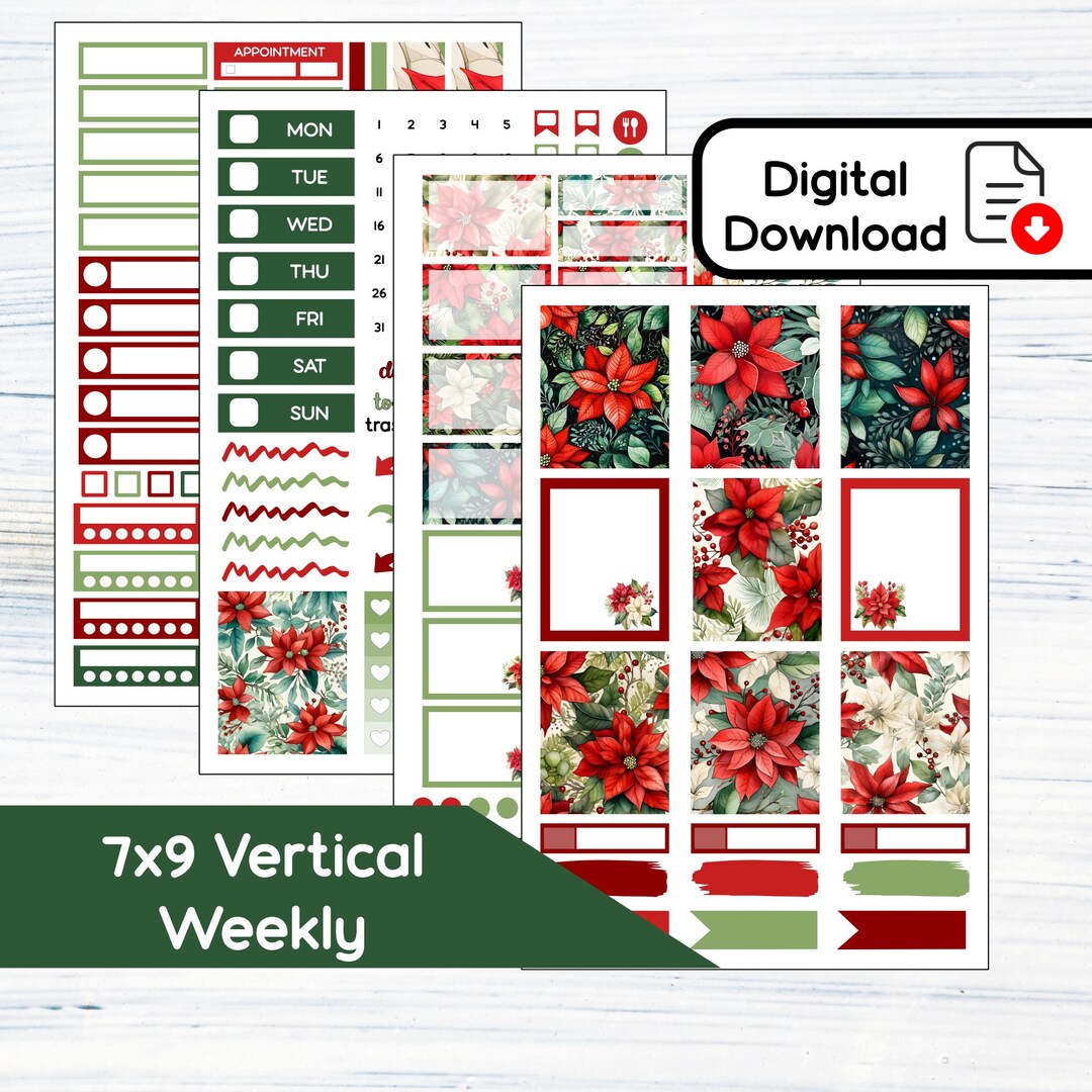 7x9 Vertical Weekly - Poinsettias Printable Weekly Sticker Kit for 7x9 ...