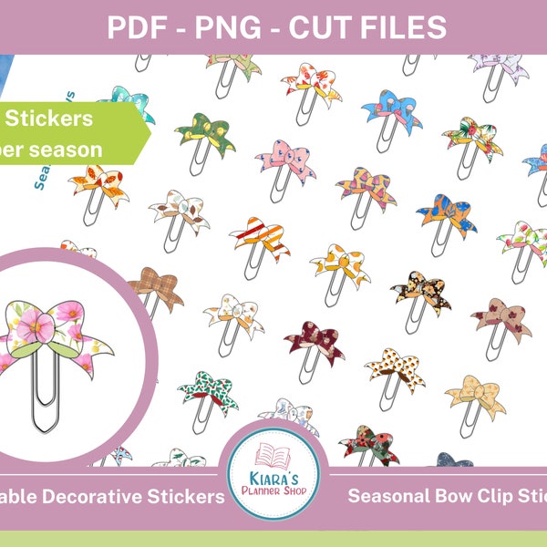 Bow Clip Reminder Stickers -  Seasonal Designs -  Decorative Printable Sticker Sheet (BCRS)
