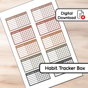 May include: A sheet of paper with multiple habit tracker boxes in shades of brown and green. Each box is labeled with the days of the week, MTWTFSS. The words "Digital Download" are in a white rectangle with a red download icon. The words "Habit Tracker Box" are in a white rectangle.