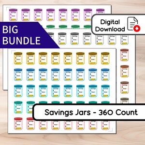 Könnte beinhalten: Digitaler Download von Spar-Glas-Aufklebern. Die Aufkleber sind in verschiedenen Farben erhältlich, darunter Lila, Grau, Gelb, Blau und Braun. Jedes Glas hat ein Etikett mit "Savings" und "Total" und einem Dollarzeichen. Das Bild enthält auch den Text "Big Bundle" und "Savings Jars - 360 Count."