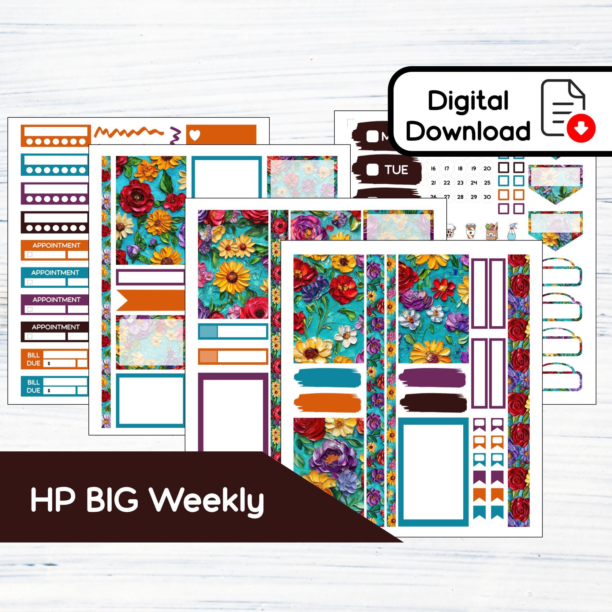 HP BIG Weekly - Painted Floral Printable Weekly Sticker Kit for Happy ...