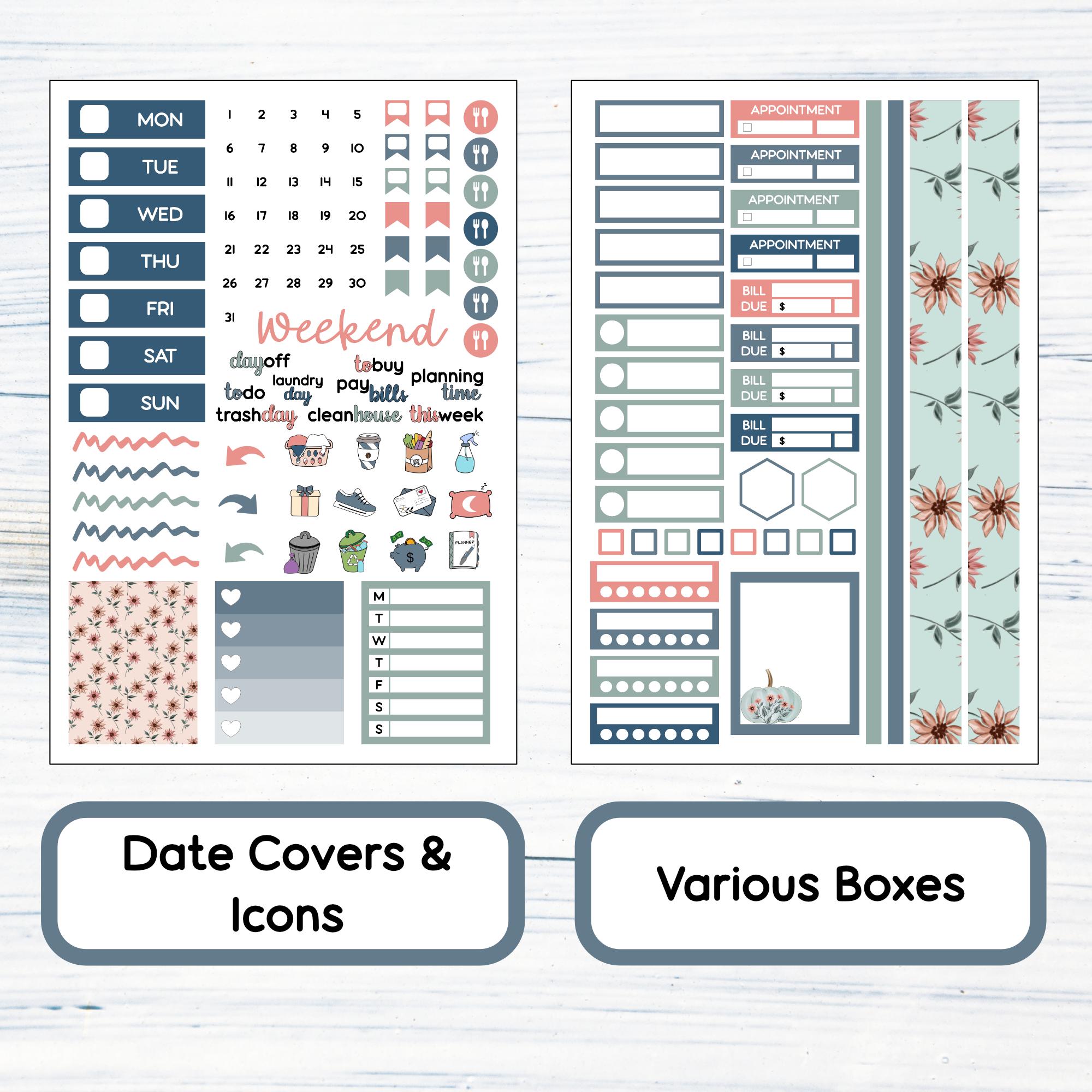 7x9 Vertical Weekly - Floral Fall Printable Weekly Sticker Kit for 7x9 ...