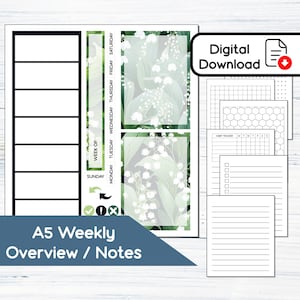 Puede incluir: Un planificador semanal A5 imprimible con un diseño floral con flores blancas y hojas verdes. El planificador incluye una vista general semanal, una sección de notas, un rastreador de hábitos y papel rayado.