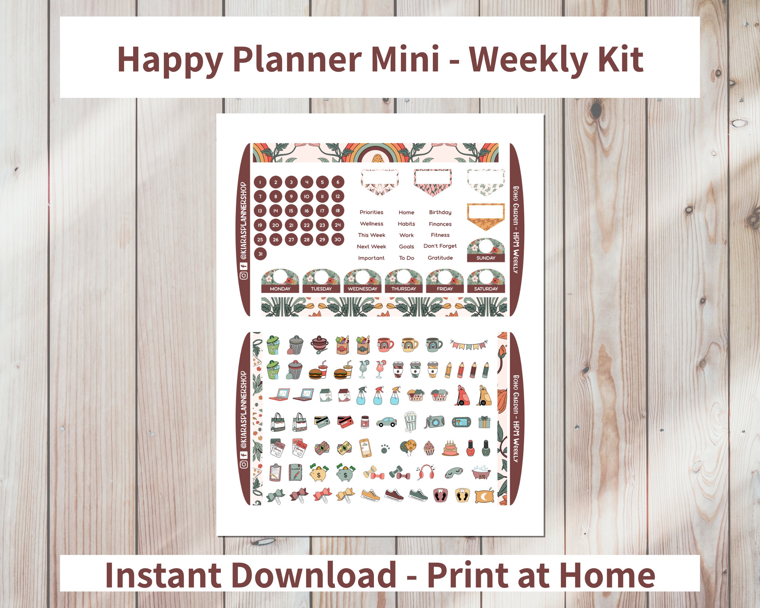 Boho Garden - Printable Weekly Sticker Kit for Happy Planner Mini ...