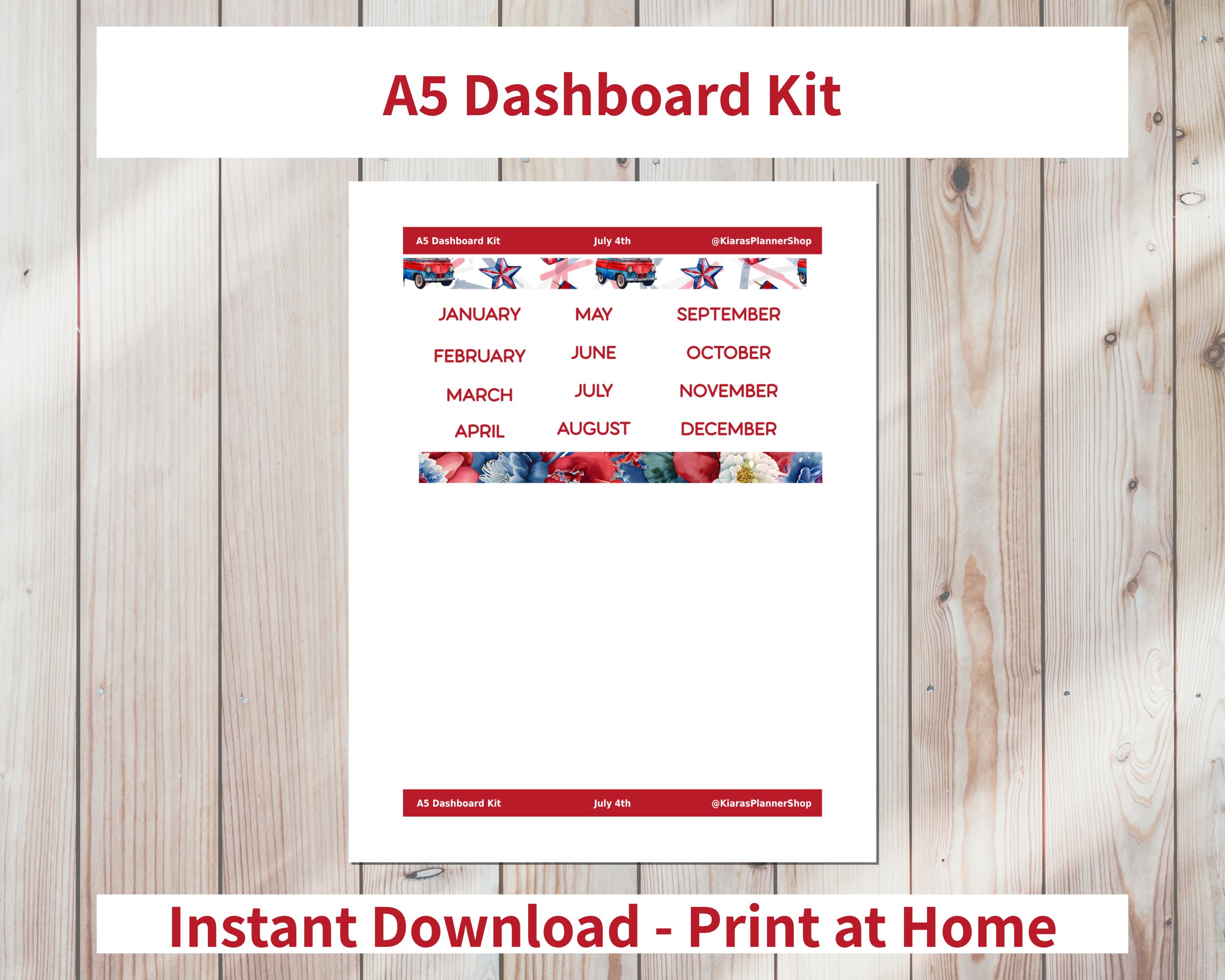 July 4th - Printable Monthly Dashboard Sticker Kit for A5 Planners ...