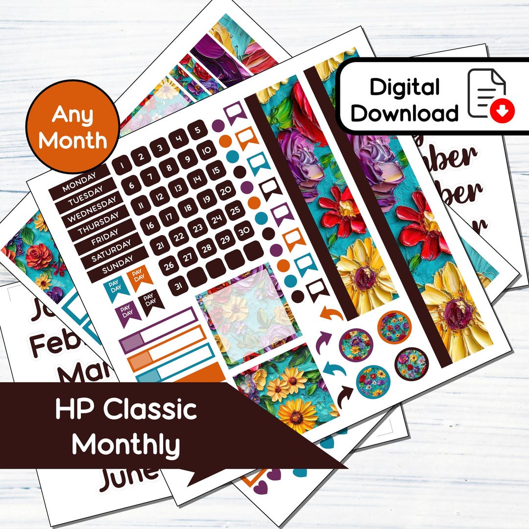 HP Classic Monthly - Painted Floral Printable Monthly Sticker Kit for ...