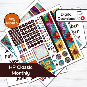 HP Classic Monthly - maandelijkse stickerkit met geschilderde bloemen en printbare maand voor Happy Planner Classic (7 x 9,25) kit SP1