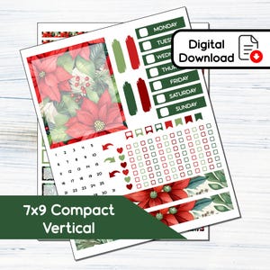 7x9 Compact Vertical - Poinsettias Printable Compact Vertical Sticker Kit for 7x9 Planners Erin Condren - Instant Download Kit 105
