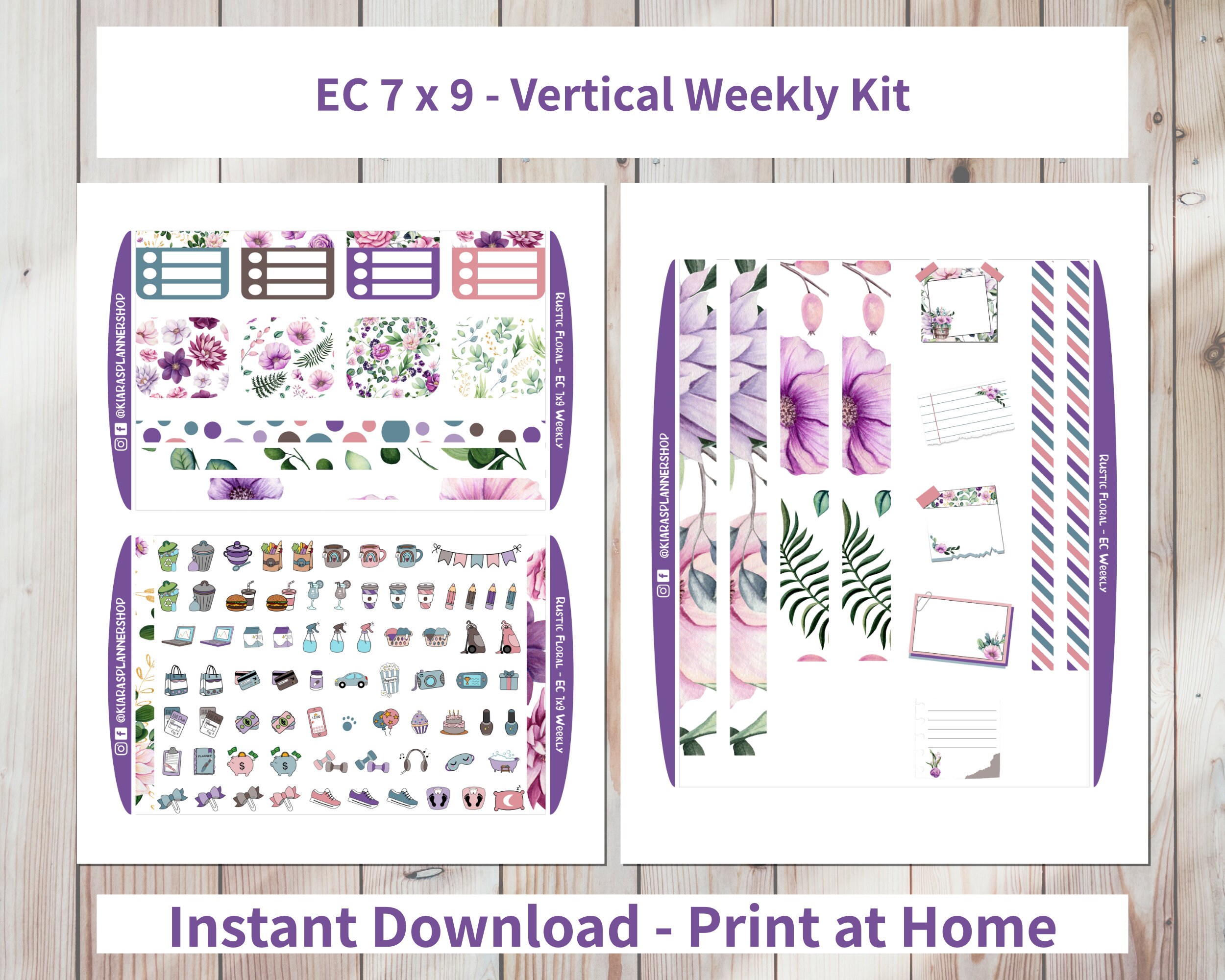 Rustic Floral - Printable Vertical Weekly Sticker Kit for 7x9 Planners ...