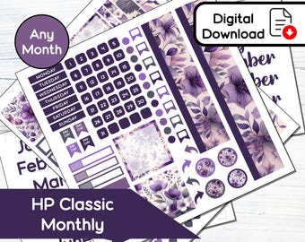 May include: Purple floral themed printable planner stickers for a monthly calendar. The stickers include a calendar grid, days of the week, and various floral and botanical designs.