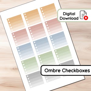May include: A white sheet of paper with multiple ombre-colored check boxes. Each box has a gradient of color and a series of small squares for check marks. The text "Digital Download" and "Ombre Checkboxes" are also visible.