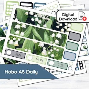 Puede incluir: Un conjunto de pegatinas de planificador imprimibles con un diseño floral con flores blancas de lirio de los valles y hojas verdes sobre un fondo oscuro. Las pegatinas incluyen casillas para "Sun", "Mon" y "Tue" y el texto "Hobo A5 Daily".