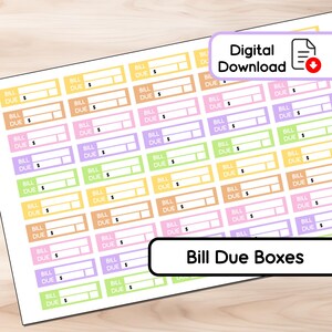 Pastell - Bill Due Boxen - 50 Aufkleber - Instant Download - BUJO